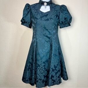 VTG Jessica McClintock Hunter Green Whimsical Brocade Mini Dress XS (kids 14)
